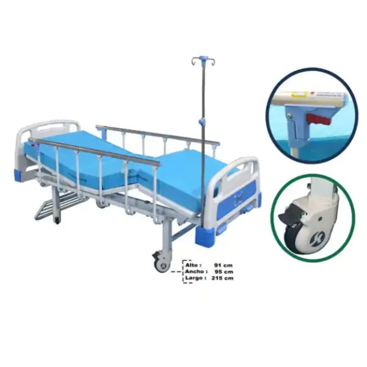CAMA HOSPITALARIA MANUAL DE 2 FUNCIONES CON BARANDAS ABATIBLES, RUEDAS Y FRENO DE SEGURIDAD