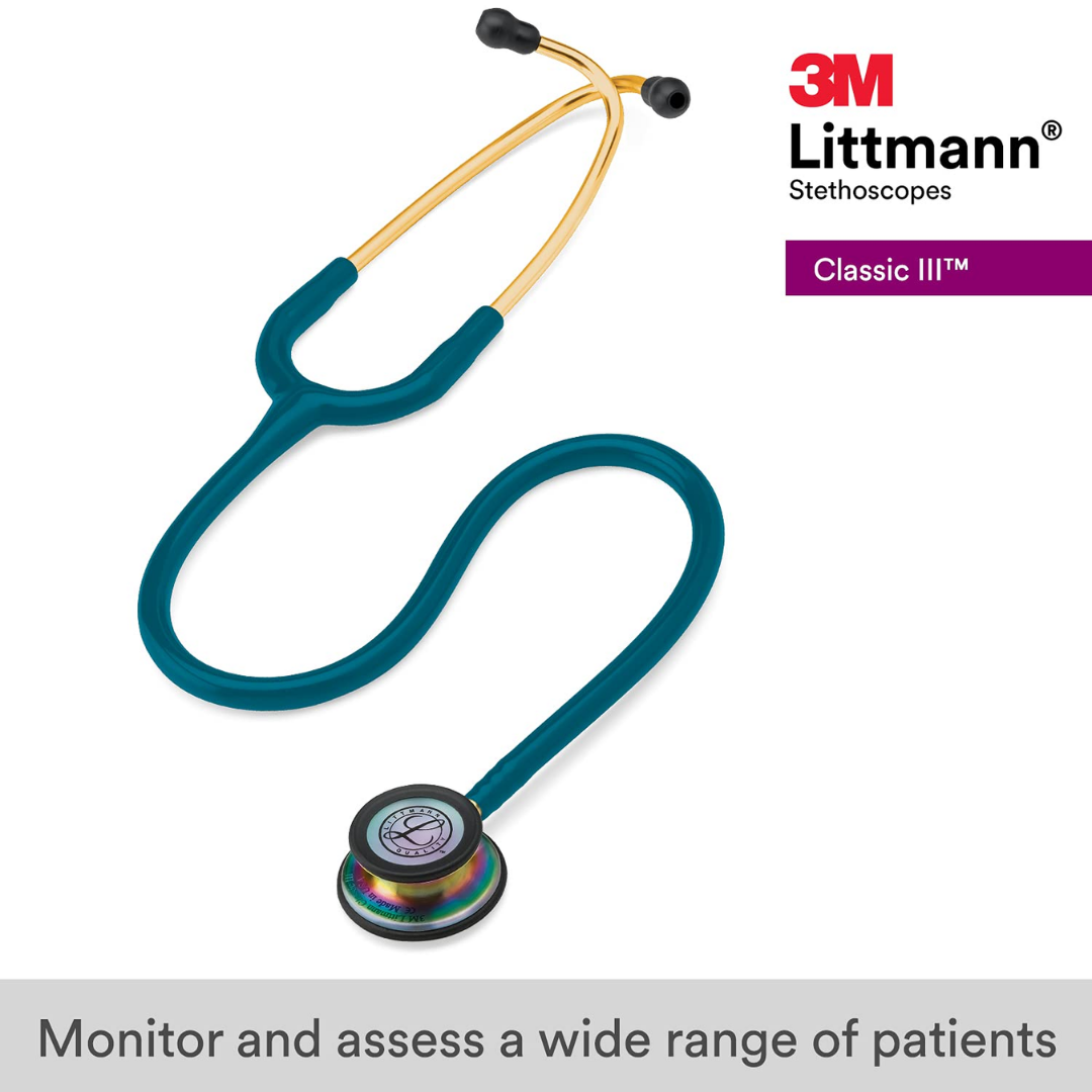 3M Littmann Classic III - Estetoscopio de monitoreo, acabado arco iris, tubo color azul caribeño