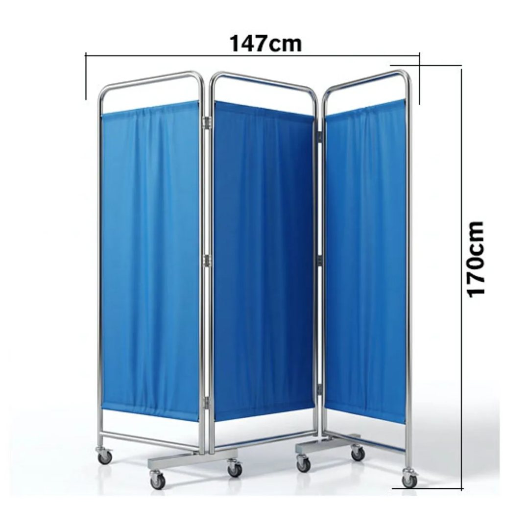 BIOMBO HOSPITALARIO DE 3 DIVISIONES COLOR CELESTE EN ACERO INOXIDABLE CON RUEDAS