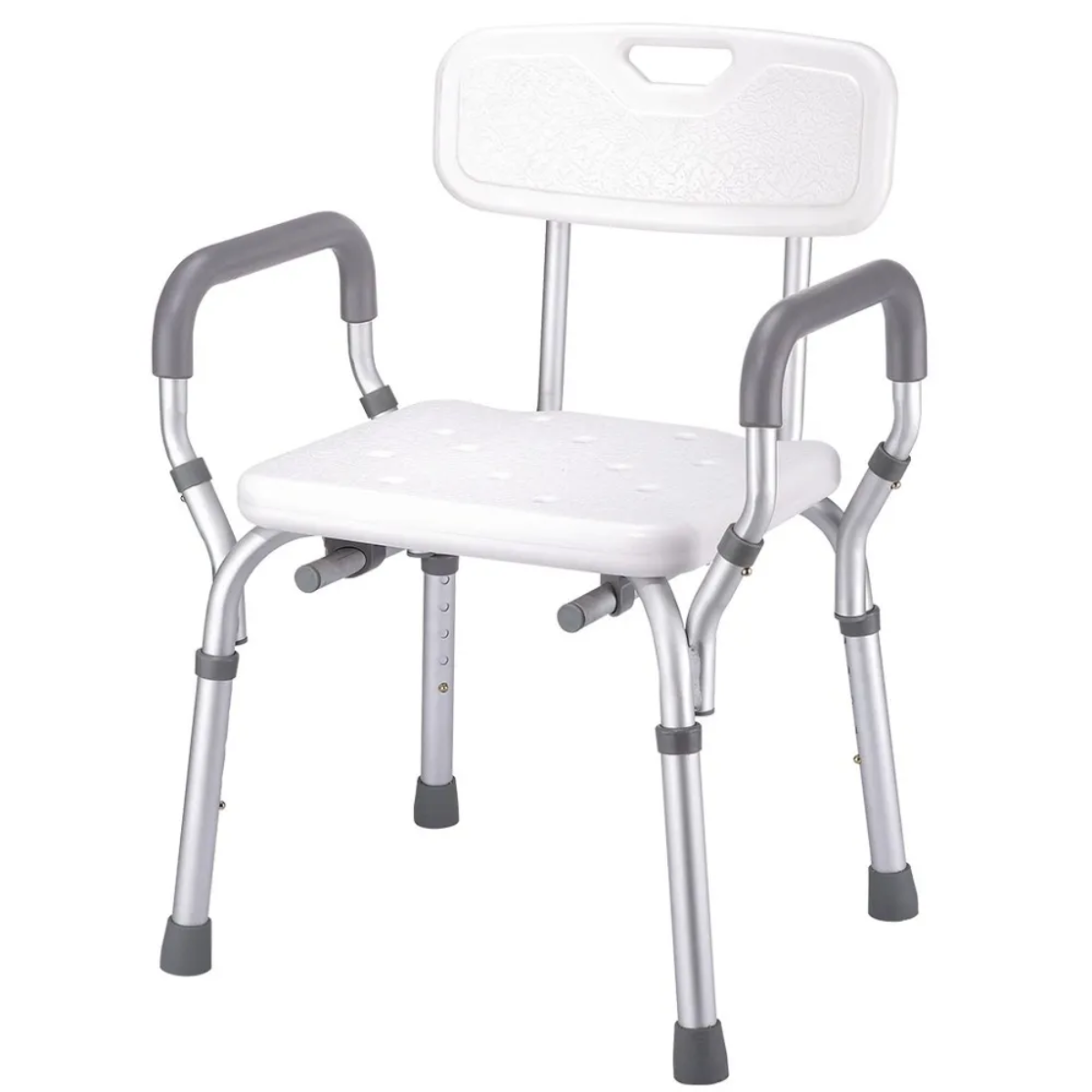 SILLA DE BAÑO BLANCA CON APOYABRAZOS, RESPALDO Y PATAS ANTIDESLIZANTES PARA MAYOR SEGURIDAD