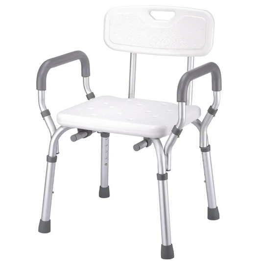 SILLA DE BAÑO BLANCA CON APOYABRAZOS, RESPALDO Y PATAS ANTIDESLIZANTES PARA MAYOR SEGURIDAD