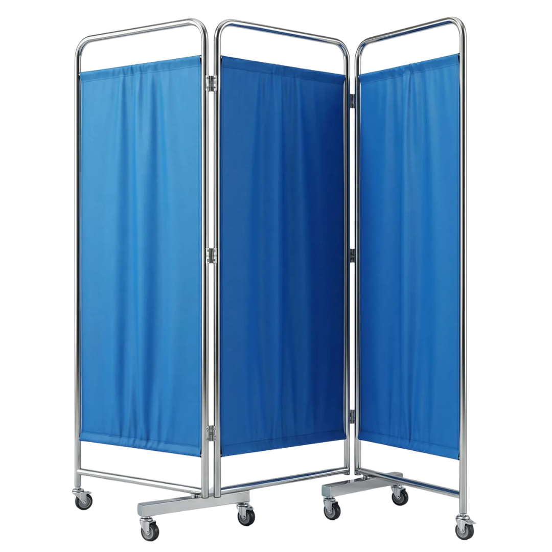 BIOMBO HOSPITALARIO DE 3 DIVISIONES COLOR CELESTE EN ACERO INOXIDABLE CON RUEDAS