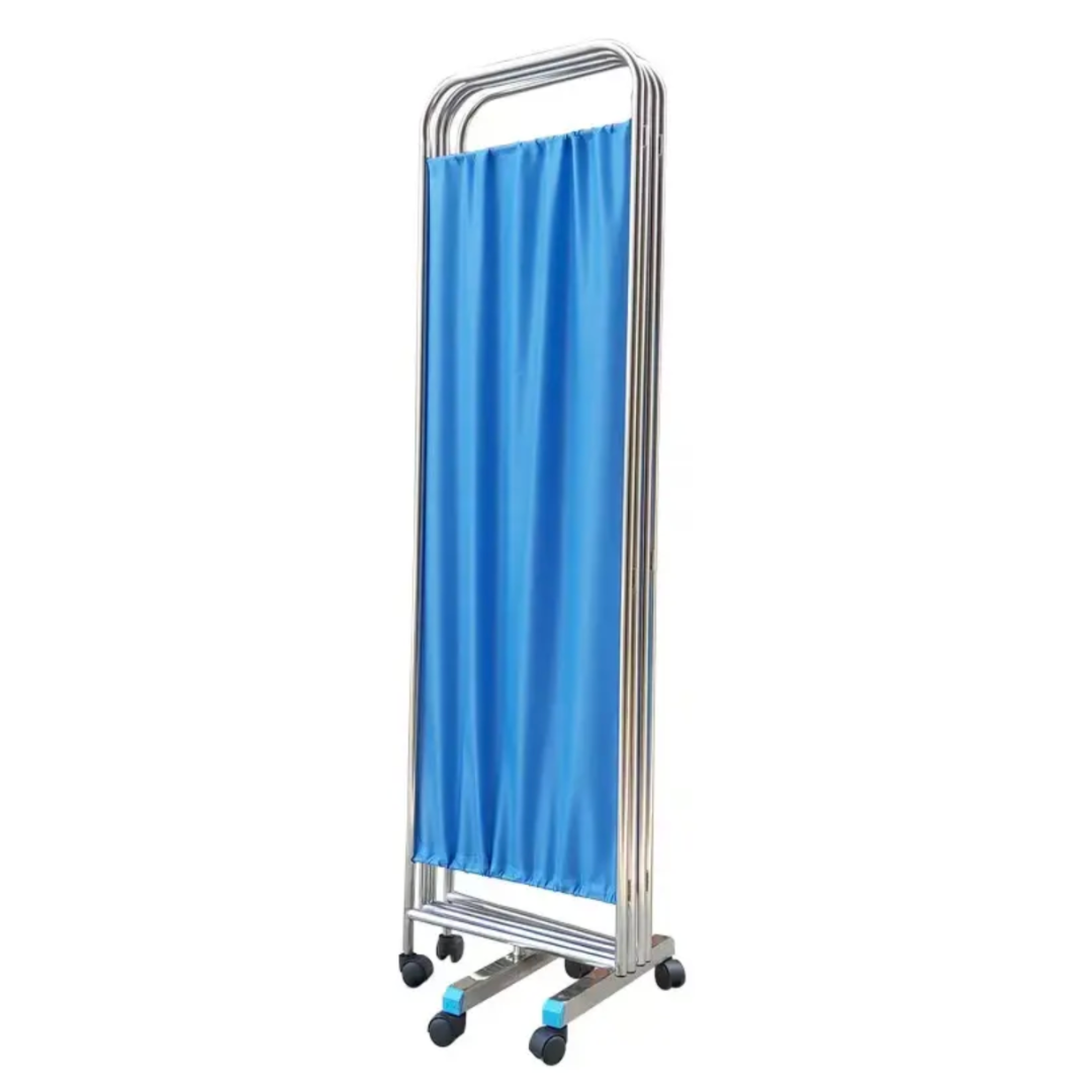 BIOMBO HOSPITALARIO DE 3 DIVISIONES COLOR CELESTE EN ACERO INOXIDABLE CON RUEDAS
