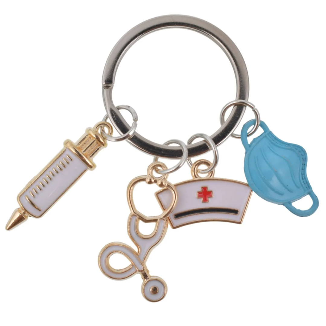 LLAVERO MÉDICO PARA ENFERMERÍA Y MEDICINA | DIJES DE JERINGA, ESTETOSCOPIO, GORRO Y MASCARILLA