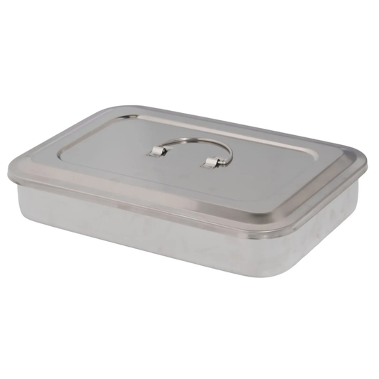 BANDEJA QUIRURGICA DE ACERO CON ASA Y TAPA  ( 24 X 16 X 5.5 CM )
